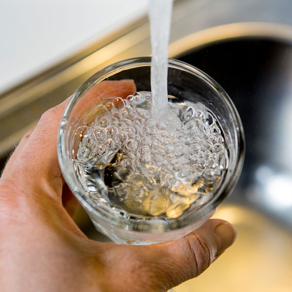 En hand håller ett glas medan det fylls med rinnande vatten vid en köksdisk.