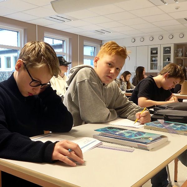 Elever sitter vid skrivbord i ett klassrum och arbetar med skoluppgifter. Tre elever i förgrunden är fokuserade på sitt arbete, med skolböcker och skrivhäften framför sig. Bakom dem finns fler elever, alla i ett ljust rum med stora fönster och klassrumsmöbler.