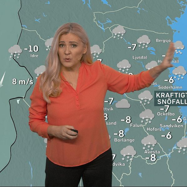 Meteorologen Deana Bajic pekar på ett kraftigt snöfall längs Gävleborgs kustland