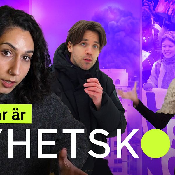 Tre personer står framför en färgglad bakgrund med olika nyhetsteman. Texten ”Det här är NYHETSKOLL” är tydligt synlig i förgrunden. Den vänstra sektionen visar en person med mörkt hår och en mörk tröja, den mellersta har en person som gestikulerar med handen, och den högra sektionen visar en person i en ljus tröja som pratar.