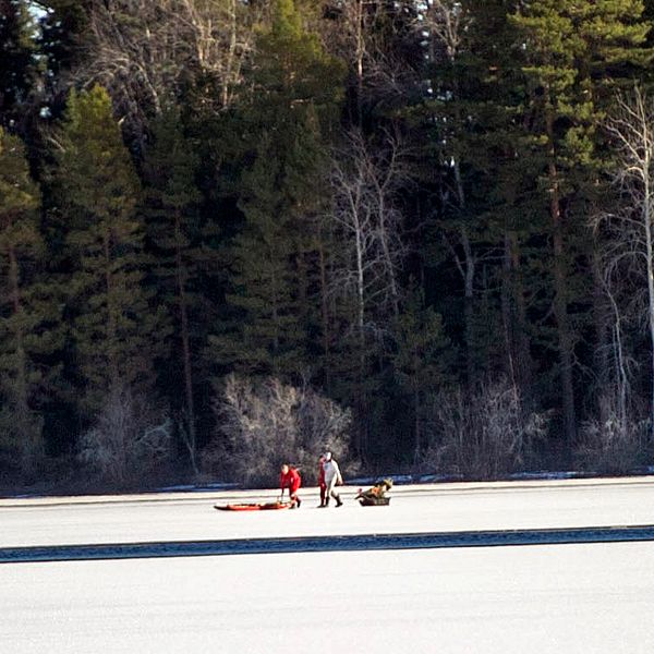 En räddningsinsats på is pågår långt bort i bild. Tre män går på isen.