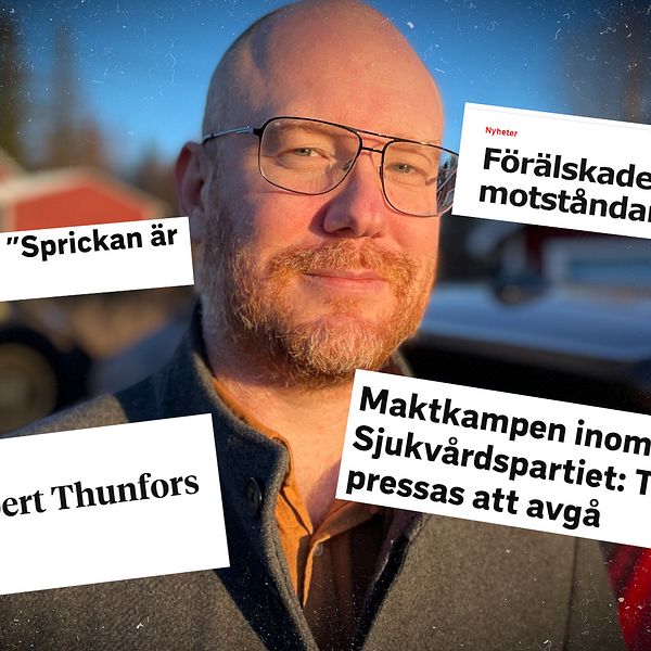 Bild med rubriker relaterade till en inre konflikt inom Sjukvårdspartiet. Rubrikerna diskuterar politiska motsättningar, avgång av en ledande person och spänningar inom partiet. Bakgrunden visar en suddig miljö som indikerar utomhus, troligen i en offentlig inställning.