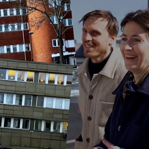Delad bild. Till vänster: kontorshusfasad. Till höger: två personer står utomhus.