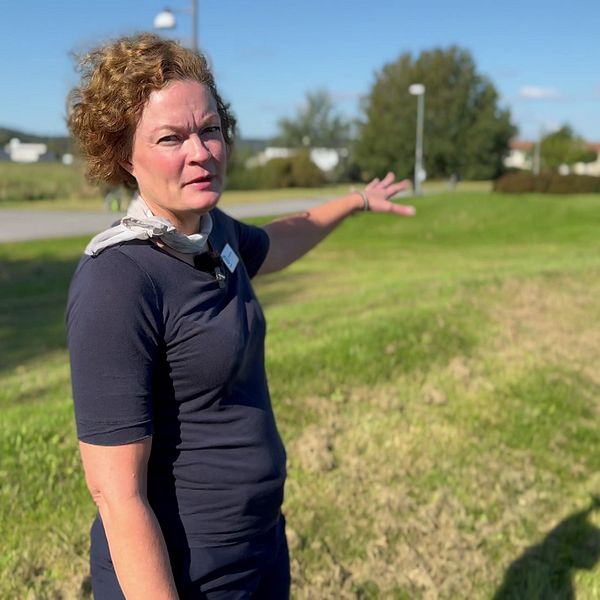 En person står på en grön gräsyta och gestikulerar med sin hand, pekande mot ett synligt område i bakgrunden. Det är en solig dag med klar blå himmel och träd i omgivningen.