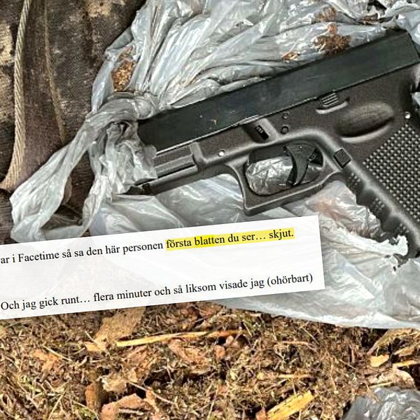 Pistol och textutdrag från polisförhör liggande på en plastpåse.