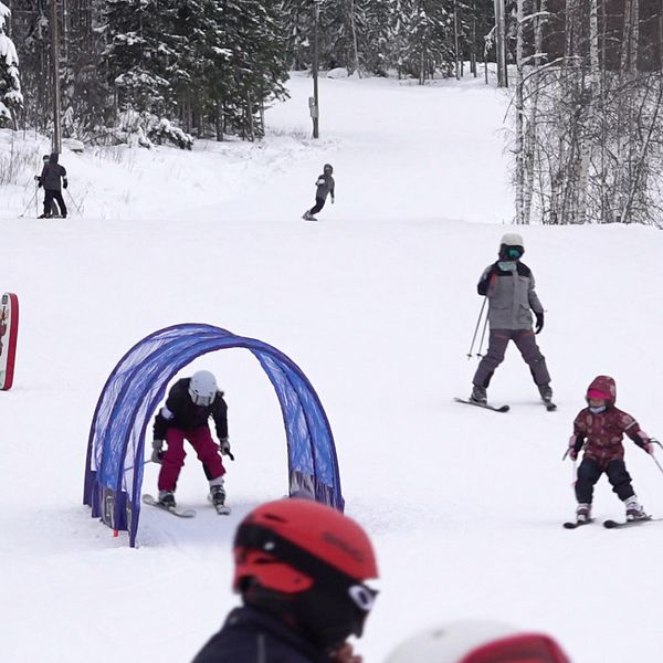 Skidåkare i en slalombacke