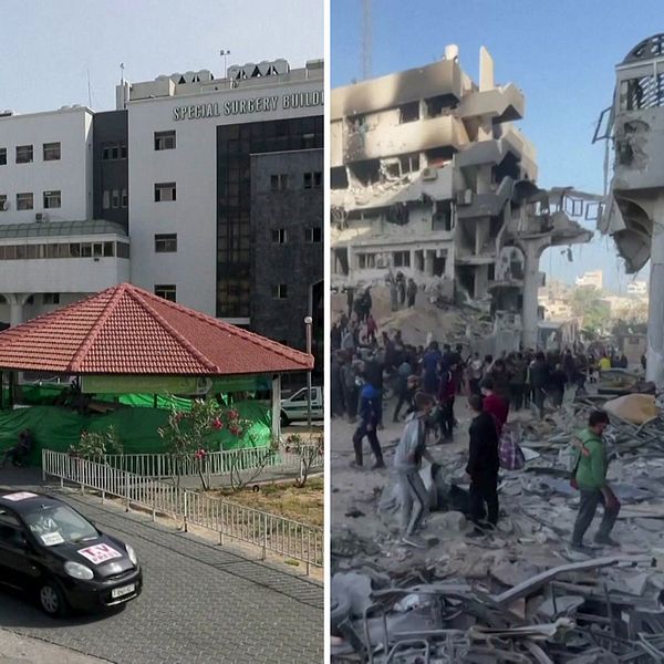 Till vänster: Arkivbilder på al-Shifa-sjukhuset före kriget. Till höger: Sjukhuset i ruiner efter israeliska räder.