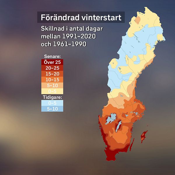 Sverigekarta som visar förändrad start för vintern mellan nuvarande referensperiod 1991–2020 och den förutvarande perioden 1961–1990.