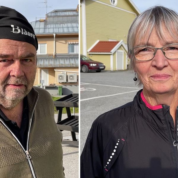 Man och kvinna i 60-årsåldern står ute och kommenterar sjukstugan i Dorotea