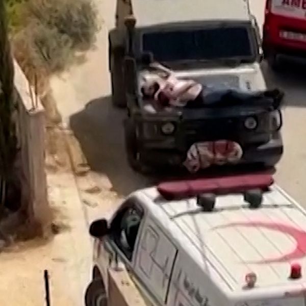 Skadad palestinsk man i Jenin på Västbanken ligger på motorhuven till en israelisk militärjeep