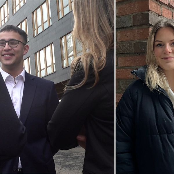 Den vänstra bilden visar en grupp personer som diskuterar utanför en modern byggnad. Den högra bilden visar en ung kvinna klädd i en svart jacka som står mot en tegelvägg med ett färgglad byggnad i bakgrunden.