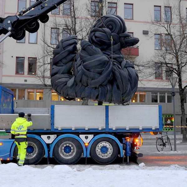 SVT:s reporter på plats när konstverket Gummiankan lyfts av en kran i vintermiljö.