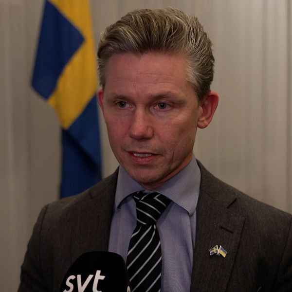 Försvarsminister Pål Jonson med Sverigeflagga i bakgrunden.