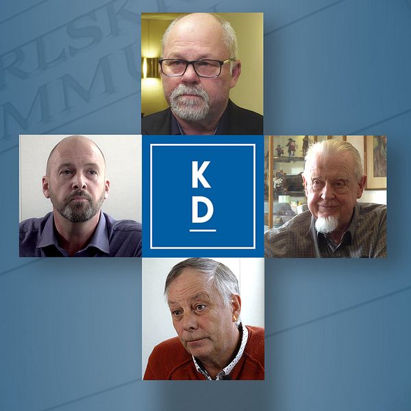 En bild som visar fem sektioner med ansikten och en central logotyp för KD (Kristdemokraterna) mot en bakgrund med texten ”Karlskoga Kommun”. Logo är tydlig och centrerad, omgiven av fyra ansiktsbilder.