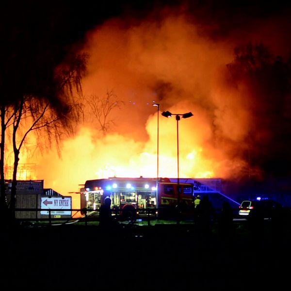 En byggnad står i brand med brandbilar framför.