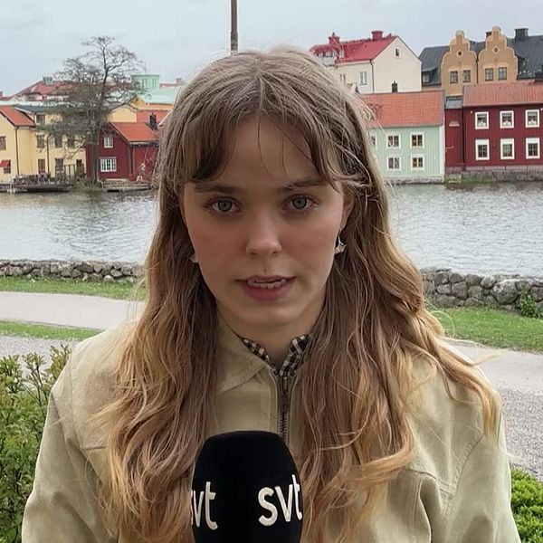 Reporter med SVT-mikrofon framför en å vid färgglada hus, en person promenerar i bakgrunden.
