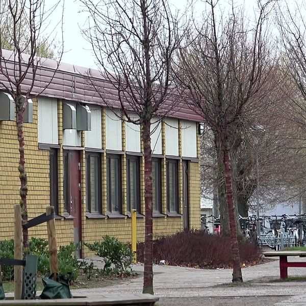 Västervångskolan: fasaden till en gul tegelbyggnad. Inga elever syns på skolgården.