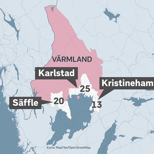 Karta över Värmland i Sverige med städerna Karlstad, Kristinehamn och Säffle markerade. Numeriska värden, 25, 20 och 13, anges vid varje stad. Källan anges som Länsstyrelsen.