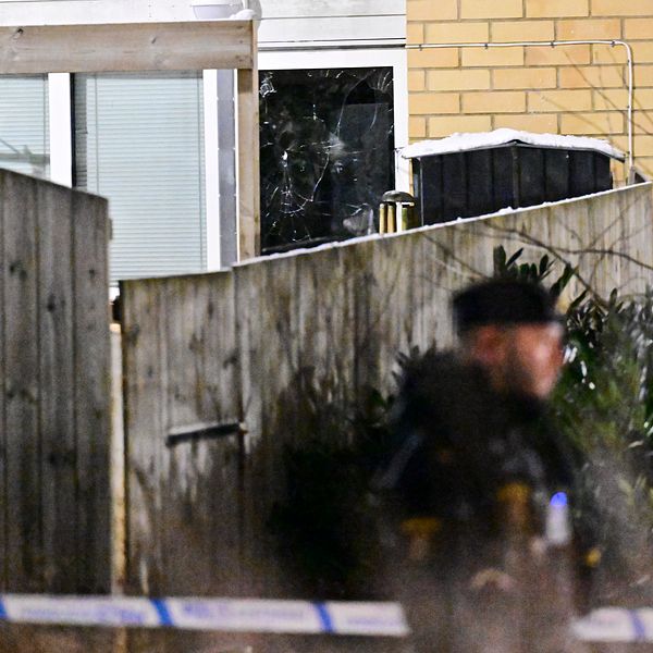 En man i uniform står framför en staketskärm med ett trasigt fönster i bakgrunden, vilket tyder på en eventuell incident. Området är svagt belyst och omges av buskar och byggnader.