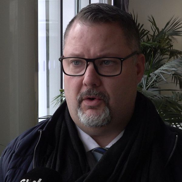 En person står inomhus bredvid en växt och en tavla syns delvis i bakgrunden. Personen håller en mikrofon med logotypen för ”Svt”.