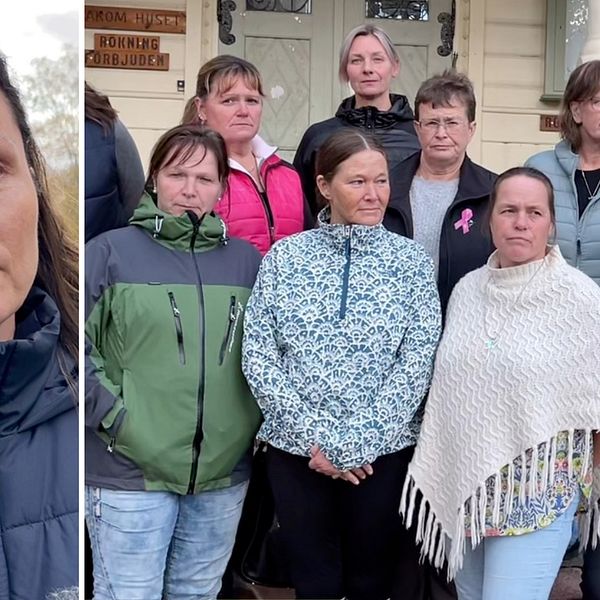 Delad bild – till vänster en kvinna med brunt hår och mörkblå jacka, till höger flera kvinnor som arbetar som undersköterskor inom hemtjänst- och äldrevården i Älvdalen