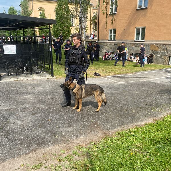 Polis med hund utanför KTH i samband med protester