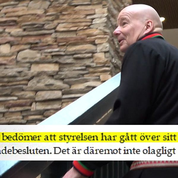 Sametingets kanslichef Lars-Ove Sjajn går i en trappa. Längst ner ett faksimil från ett förhandlingsprotokoll med texten: ”Arbetsgivaren bedömer att styrelsen gått över sitt mandat...”