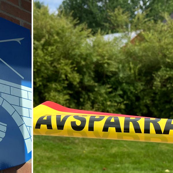 Sunnes kommunlogga samt avspärrningsband framför byggnad.