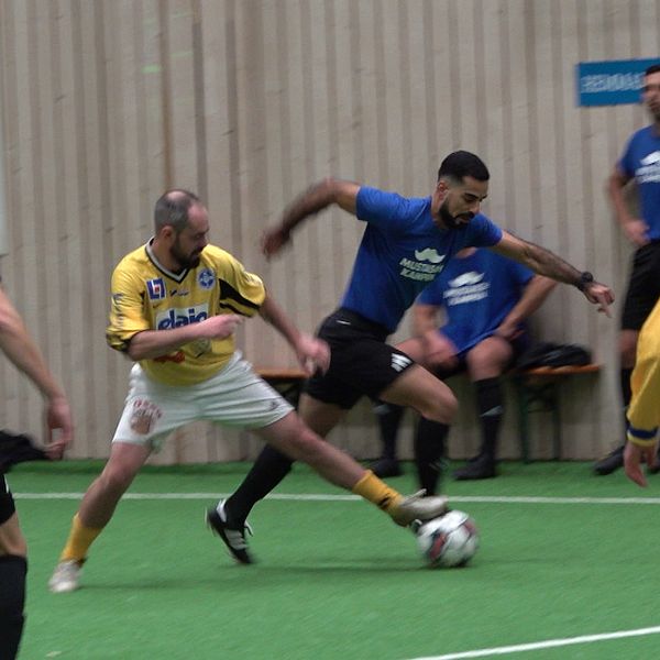 En inomhusfotbollsmatch med spelare i gula och blå tröjor som tävlar om bollen. En spelare i gul tröja försöker ta bollen ifrån en spelare i blå tröja, medan de andra spelarna observerar från sidan. Matchen äger rum på en grön konstgräsplan inomhus. Bakgrunden visar en vägg med sponsorskyltar.