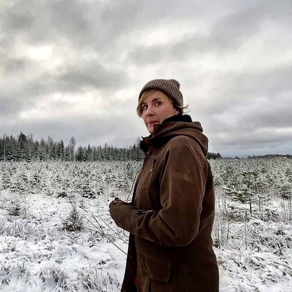 Julgransodlaren Lisa Nylinder framför en del av sina odlingar.