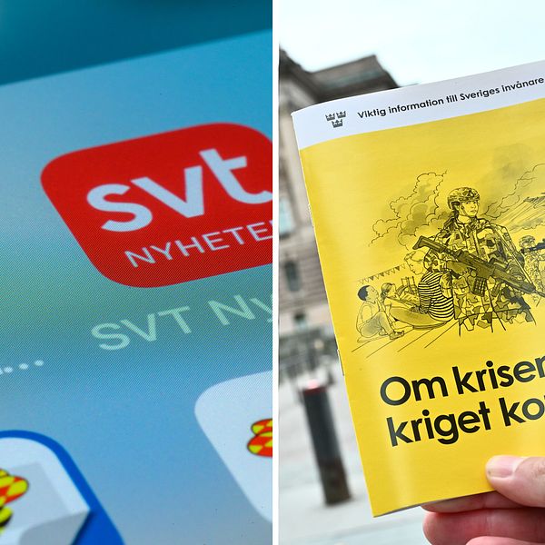 En delad bild med två sektioner. Den vänstra sektionen visar en smartphone-skrin med ikoner för nyhetsappar, inklusive Dagens Nyheter och SVT Nyheter. Den högra sektionen visar en person som håller i en gul broschyr med texten ”Om krisen eller kriget kommer” och en illustration av en soldat.