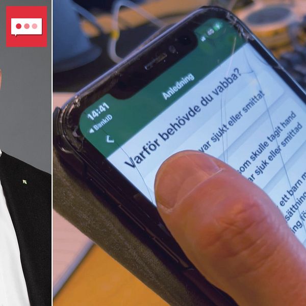 Tvådelad bild. Vänster: man i mörk kostym. Höger: hand med mobiltelefon med besked på skärmen.