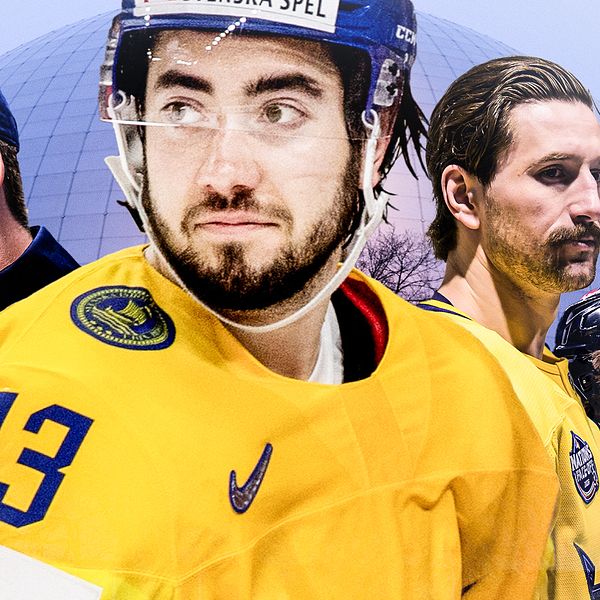 Tre ishockeyspelare i svenska landslagströjor framför Globen i Stockholm.