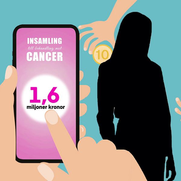 Hand som klickar på mobilskärm och siluett av kvinna som misstänks ha samlat in miljonbelopp som gått till resor och kläder