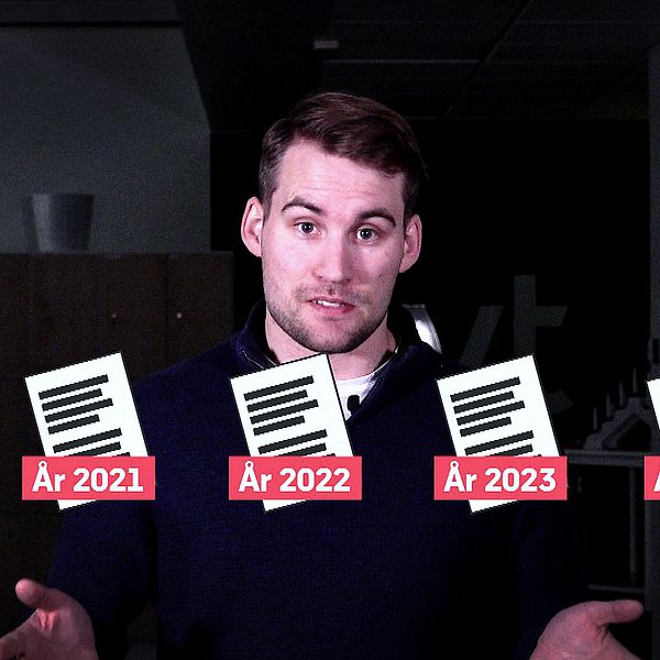 En person står framför en mörk bakgrund med uppsträckta händer. Framför dem syns fyra dokumentikoner med årtalen 2020, 2021, 2022, 2023 och 2024, vilket indikerar en tidslinje eller progression över de angivna åren.
