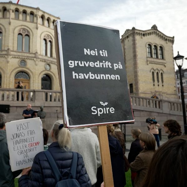 En skylt hålls upp av en deltagare på en demonstration i Norge. På skylten står ”Nej till gruvdrift på havsbottnen”.