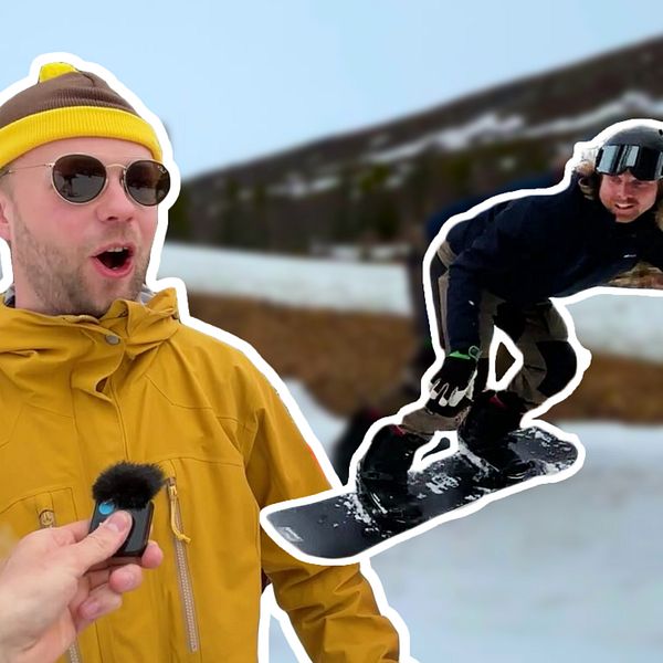 Delad bild. Till vänster hålls mikrofon mot person i gul jacka. Till höger snowboardåkare i luften.