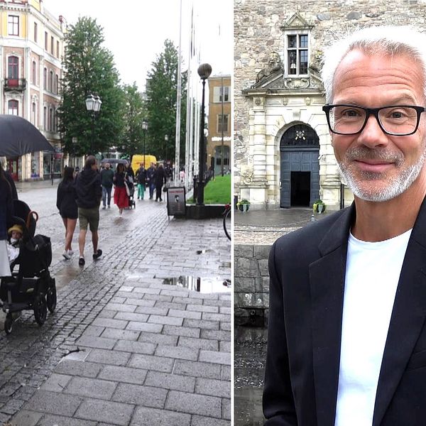 Delad bild, till vänster människor på drottninggatan i Örebro. Till höger, Björn Fransson Örebrokompaniet.