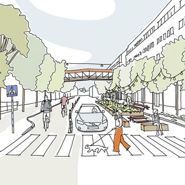 Illustration av stadsgata med träd, fotgängare, cyklister och uteservering längs trottoaren.