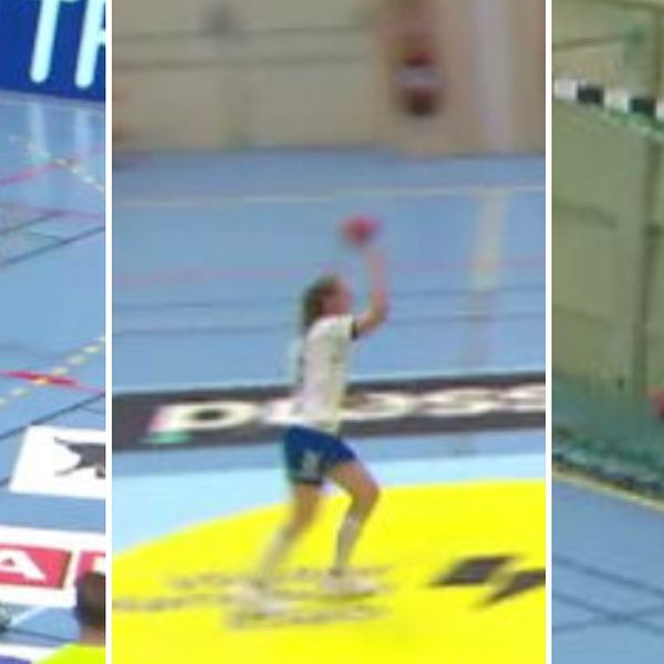 Bilden är en delad bild som visar tre olika sekvenser från en handbollsmatch. Första sektionen visar en spelare i röd tröja som anfaller mot målet, med flera medspelare och motståndare runt sig. Andra sektionen visar en annan spelare i vit tröja som hoppar för att fånga bollen i luften. Tredje sektionen visar målet med bollen på väg mot nätet, vilket signalerar en potentiell målchans.