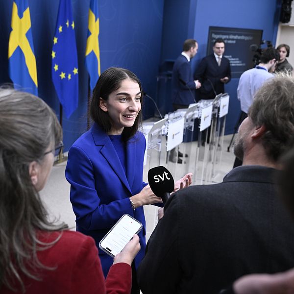 Miljöministern svarar på frågor vid en presskonferens.