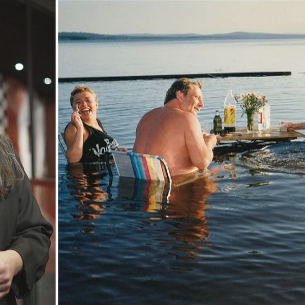 Delad bild. Vänster: person i mörka kläder inomhus. Höger: vuxna badar vid ett dukat bord i sjön.