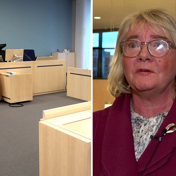 En delad bild som visar en rättssal till vänster med träbänkar och kontorsmöbler, samt Karin Nacke, lagman i Jönköpings tingsrätt, iklädd i en röd kavaj som står till höger. Bakgrunden i rätten visar stora fönster som ger en utsikt över staden.