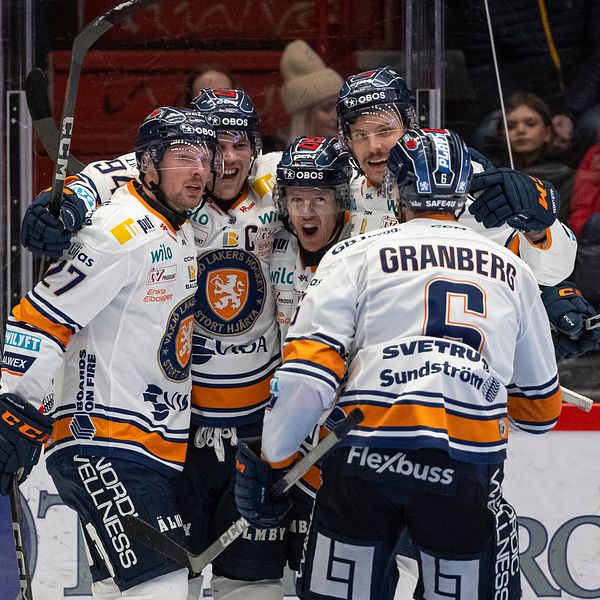 Hockeyspelare firar ett mål under en match, omgivna av supportrar.