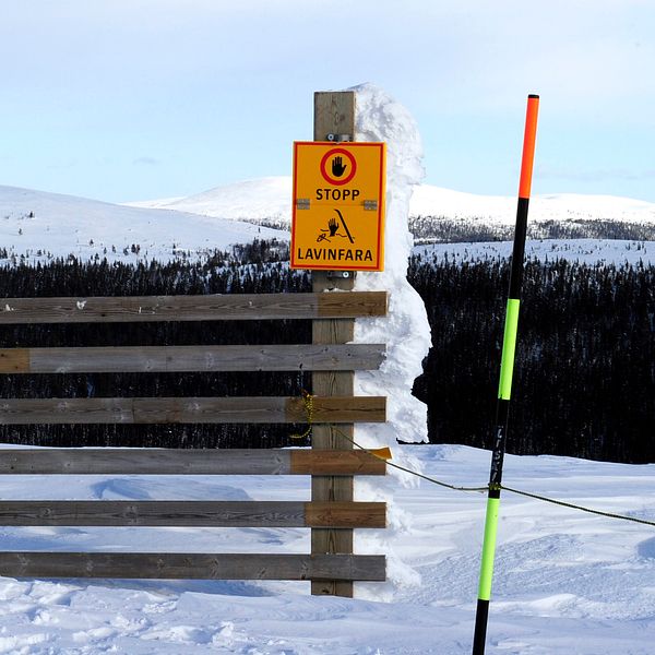Skylt varning för lavinrisk vid snötäckt berg med trägrind och skidstolpe.