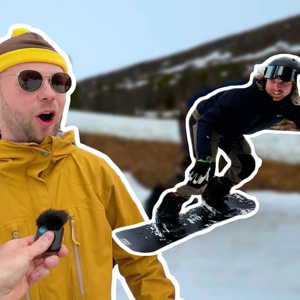 Delad bild. Till vänster hålls mikrofon mot person i gul jacka. Till höger snowboardåkare i luften.