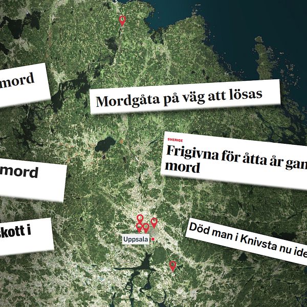 Delad bild över kartområde med tidningsrubriker om olösta mord i östra Sverige.