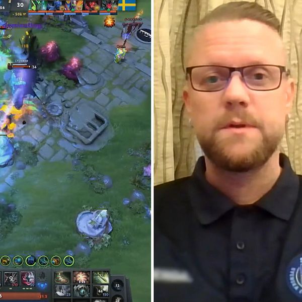 Bildens vänstra del visar en intensiv scen från ett Dota 2-spel med spelare som utför olika aktioner, omgiven av färgglada effekter och en spelplan som är i full aktivitet. Den högra delen visar en person iförd en mörkblå skjorta med en logo, som står framför en bakgrund av draperier.
