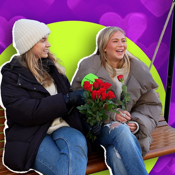 Två personer sitter på en parkbänk, den ena håller en bukett röda rosor. Bakgrunden är färgglad med hjärtformer och en logotyp för ”Nyhetskoll” i det övre vänstra hörnet.