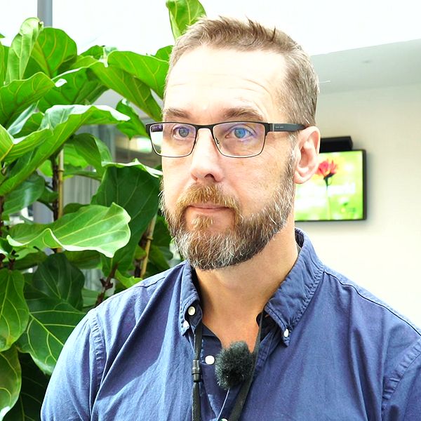 En man med glasögon och blå skjorta står i ett rum med en stor grön växt i bakgrunden.